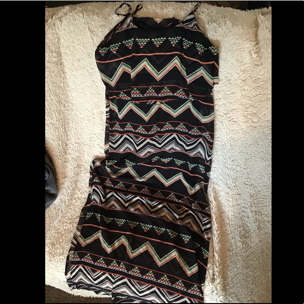 Black with Colorful Print Maxi Dress